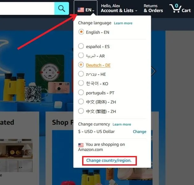Amazon 웹에서 언어/지역 옵션을 보려면 마우스를 올리세요.
