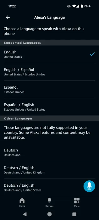 Amazon Alexa 앱에서 새로운 언어를 선택합니다.