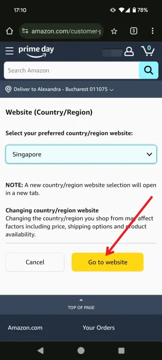 Länderänderung bei Amazon im mobilen Browser.