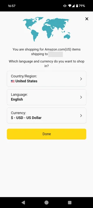 Impostazione di una nuova lingua nell'app Amazon Shopping dopo la reinstallazione.