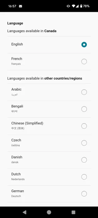 Sélection d'une nouvelle langue dans l'application Amazon Shopping sur Android après la réinstallation.