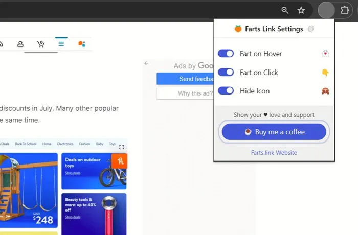 Opties voor de Fart Attack-extensie zijn zichtbaar in de Chrome-browser.