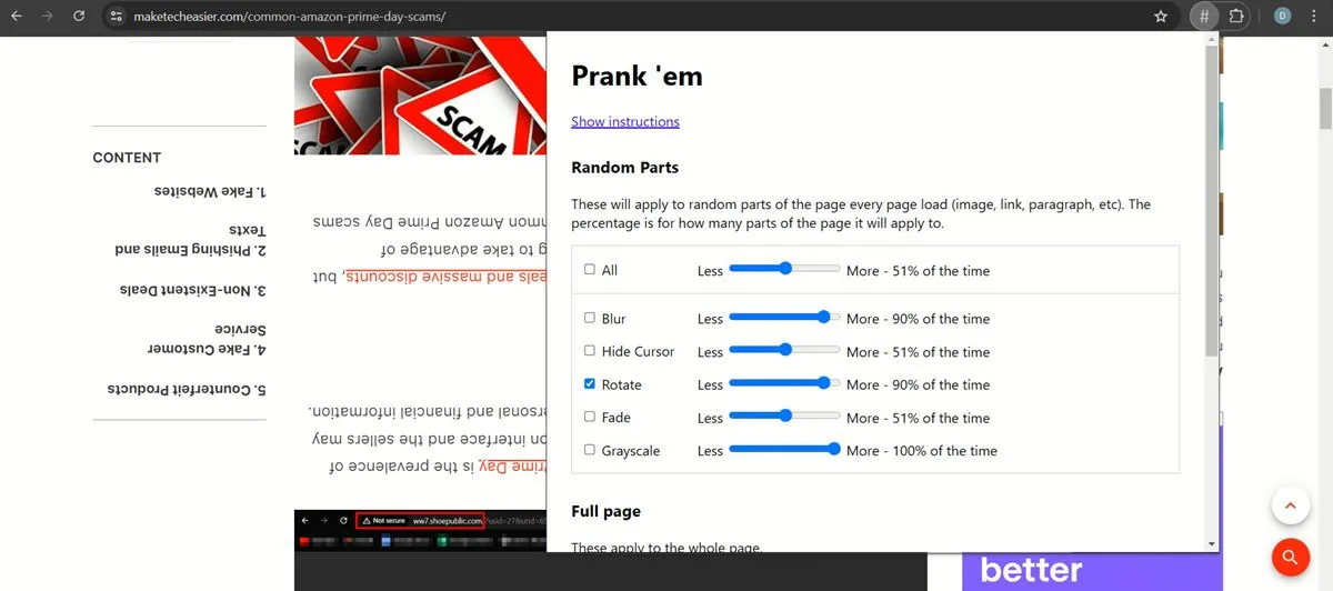 Opties voor Prank 'em-extensies zichtbaar in de Chrome-browser.