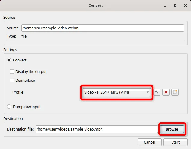 dodawanie profilu i określanie danych wyjściowych i formatu dla podanego przykładowego pliku WebM
