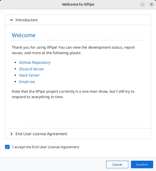Zrzut ekranu przedstawiający umowę licencyjną użytkownika końcowego XPipe.