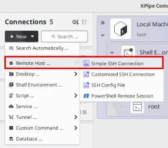 Zrzut ekranu przedstawiający lokalizację podstawowego połączenia SSH w XPipe.