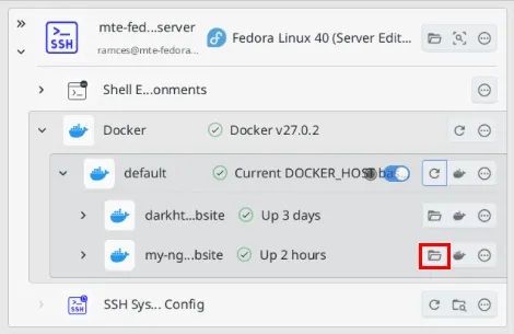 Zrzut ekranu pokazujący lokalizację ikony folderu dla docelowego kontenera Docker.