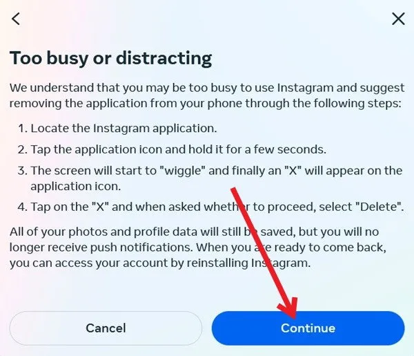 Instagram offering tips in pop-up to get you not to delete your account.
