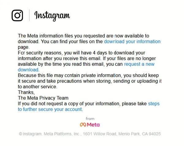Email alerting you that your Instagram data is ready to download.