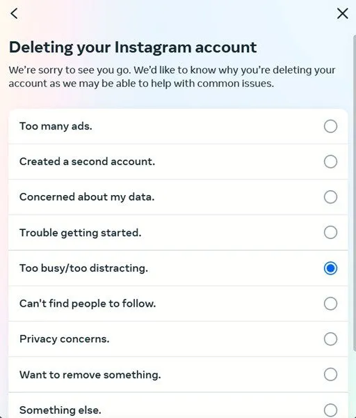 Selecting reason for deleting Instagram account in Instagram on PC.