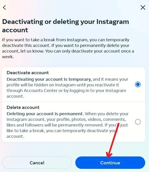Selecting whether to deactivate or delete Instagram account in Instagram on PC.