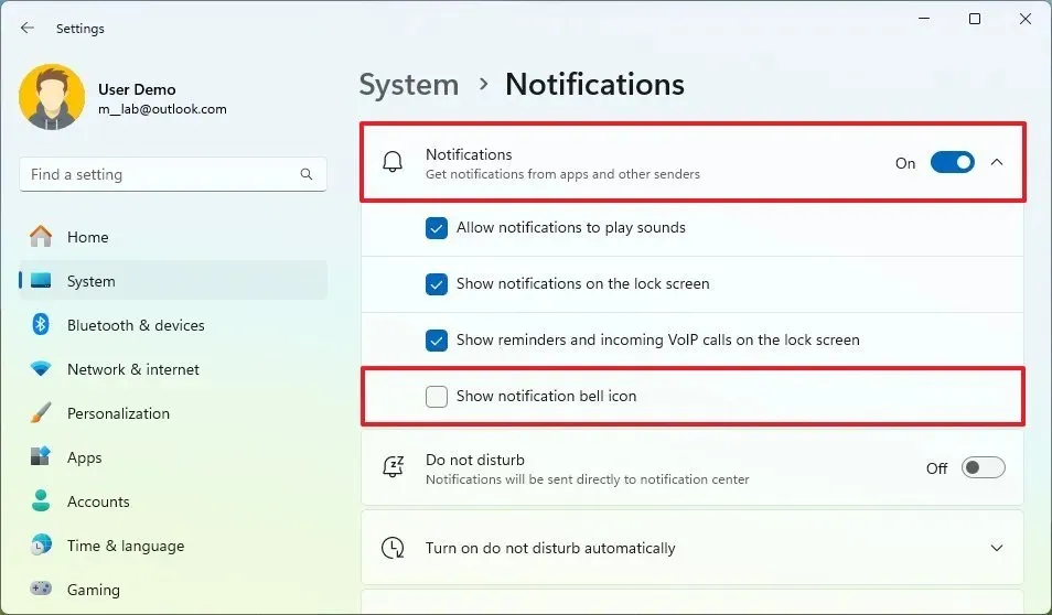 Deshabilitar el icono de la campana de notificaciones en Windows 11