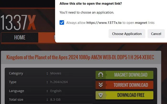 Mensaje de advertencia en Firefox al abrir un enlace magnet.