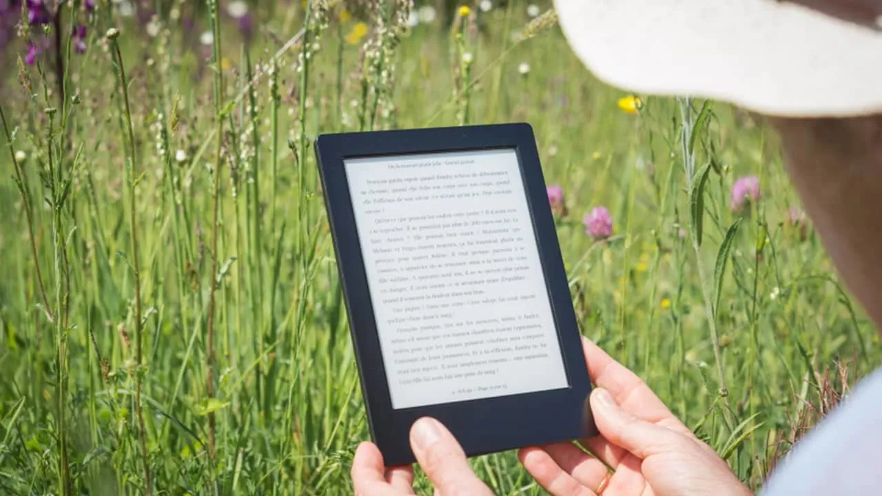 Persona leyendo libros Kindle en un campo.