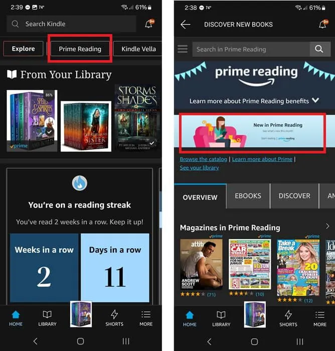 Kindle 앱에서 Prime Reading을 사용하는 방법.
