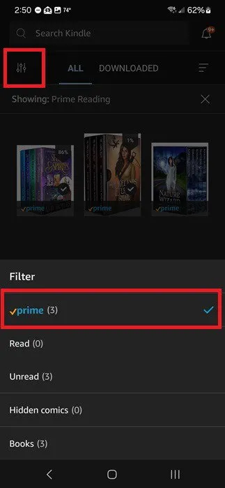 Filtrar su biblioteca Kindle para mostrar solo títulos de Prime Reading.