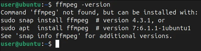 vérification de la version de FFmpeg dans le terminal de ligne de commande