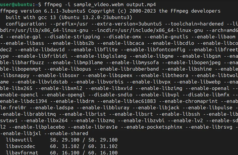 convertire video webm in mp4 utilizzando lo strumento FFmpeg Linux