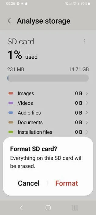 Opzione di formattazione della scheda SD attivata su uno smartphone Android.