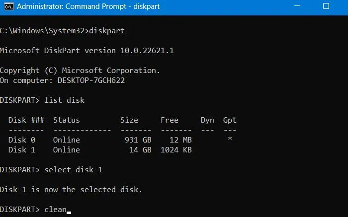 Diskpart-Methode in Windows CMD (erhöhter Modus) zur Behebung problematischer Datenträger.