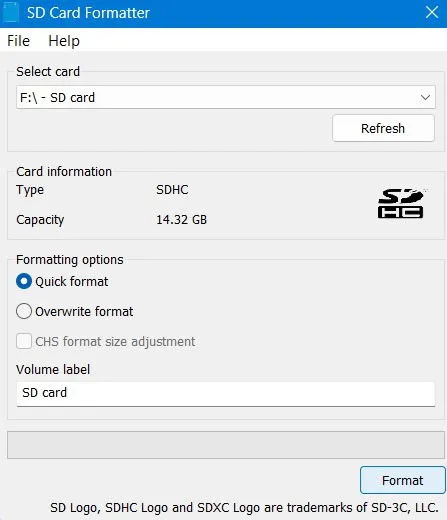 Gebruik SD Card Formatter-software in Windows om een ​​SD-kaart voor Android te formatteren.
