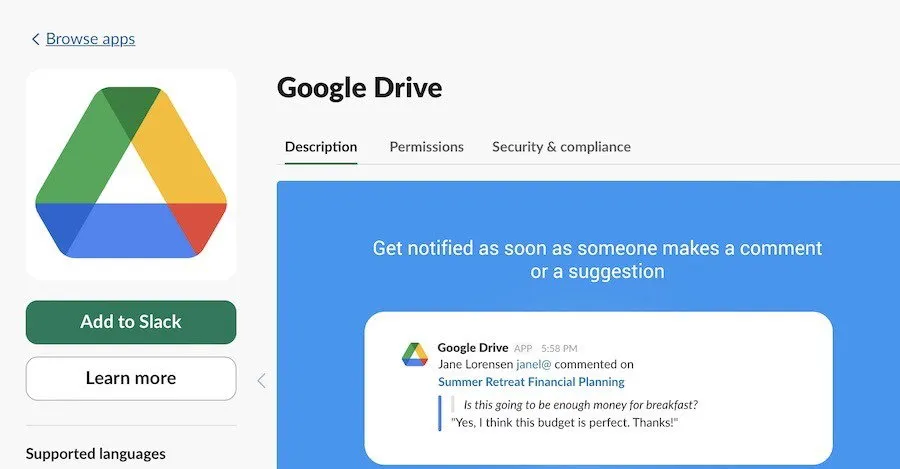 Google Drive-Add-On im Slack-App-Verzeichnis