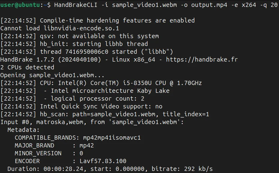 Konwersja pliku WebM do MP4 przy użyciu interfejsu CLI HandBrake