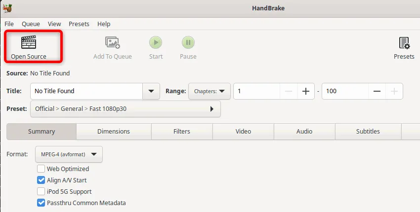 從「開源」選項中開啟 HandBrake 中的 WebM 影片文件