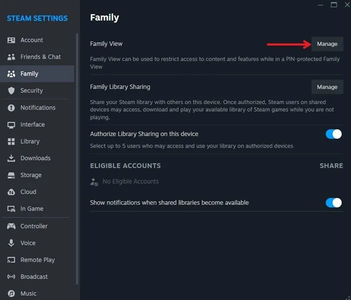 Kliknij przycisk Zarządzaj, aby przejść do opcji Widok rodzinny w kliencie Steam na komputerze.