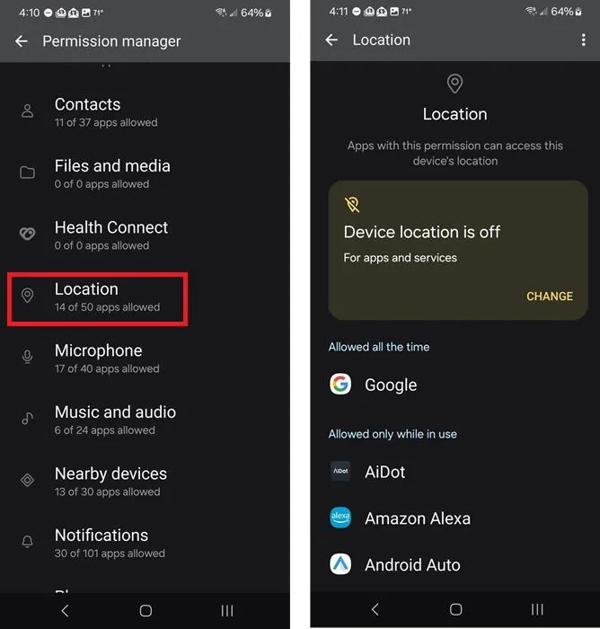 Affichage de toutes les applications disposant d'un accès à la localisation dans Android.