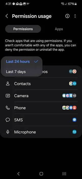 Affichage des autorisations d'accès des dernières 24 heures dans Android.