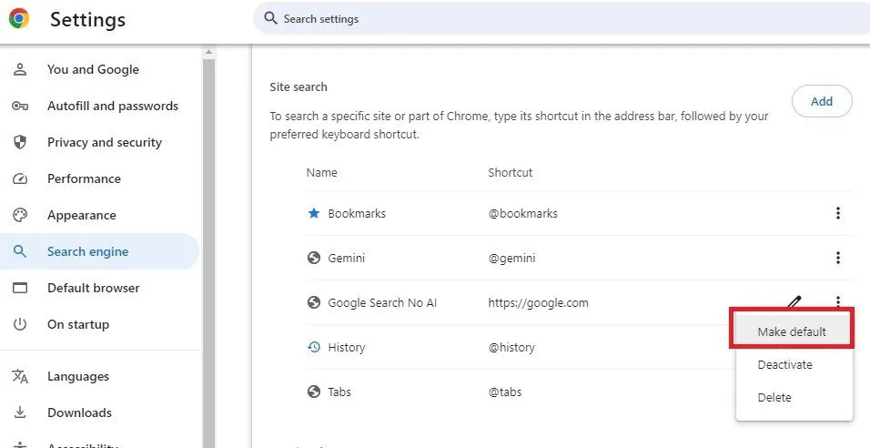 Configurar una nueva búsqueda de sitio predeterminada en Chrome para detener la búsqueda de Google AI.