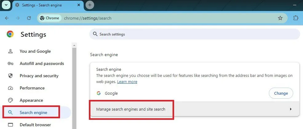 Verwalten der Suchmaschineneinstellungen in Google Chrome.