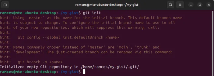 Una terminal que muestra el proceso de creación de un nuevo repositorio Git para la página gist.