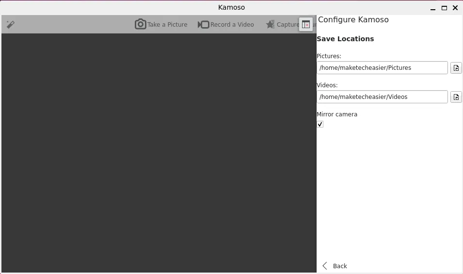 Interface de l'application webcam Kamoso affichant ses paramètres de configuration.