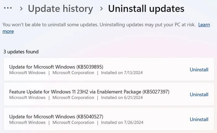Odinstalowywanie aktualizacji systemu Windows 11, lipiec 2024 r.