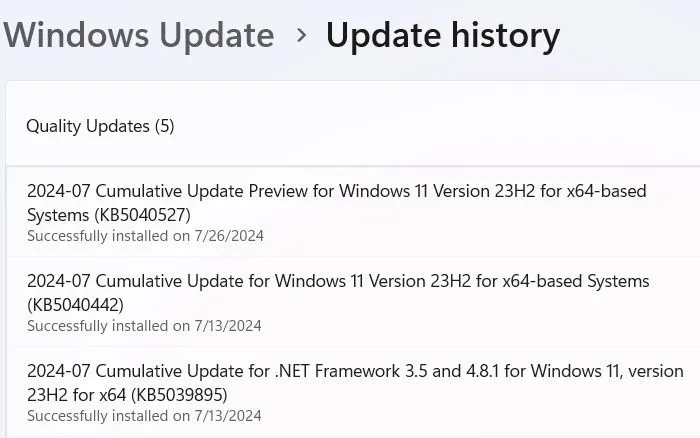 Windows 11-updategeschiedenis voor juli 2024.