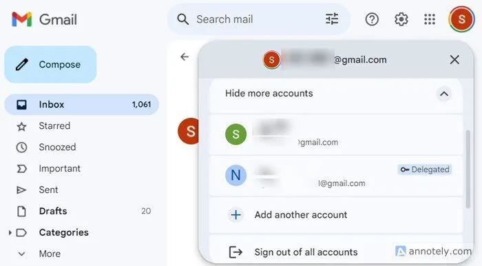 Dodatkowe konta Gmail widoczne w domyślnej sekcji Gmail.
