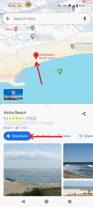 Tocando el botón Direcciones en Google Maps en Android.