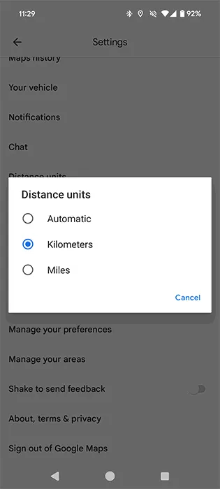 Seleccionar un nuevo tipo de unidades de distancia en Google Maps en Android.