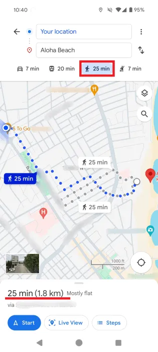 Vista de distancia entre dos puntos para una ruta a pie en Google Maps para Android.