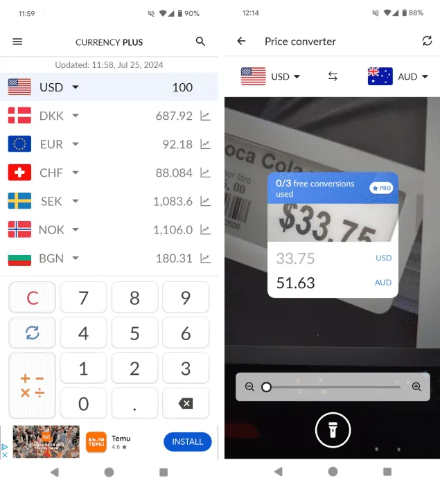 Übersicht über die Benutzeroberfläche der App „Currency Converter Plus“.
