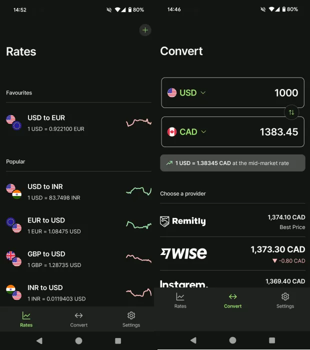 Panoramica dell'interfaccia dell'app Convertitore di valuta.