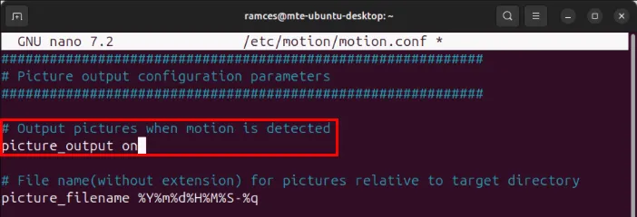 Una terminal que muestra la variable picture_output dentro del archivo de configuración de Motion.