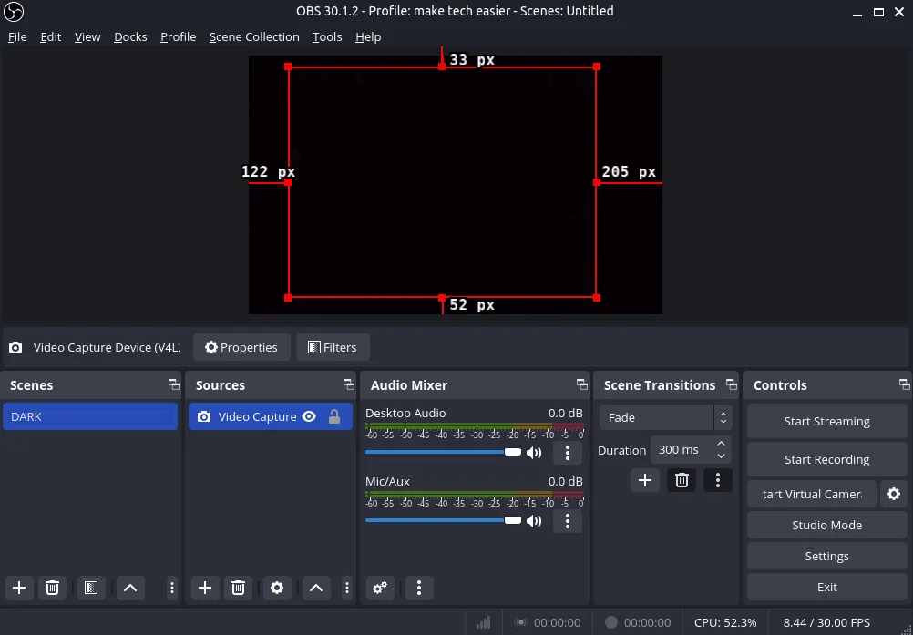 Interface OBS Studio montrant une scène créée à partir de la source de la webcam.
