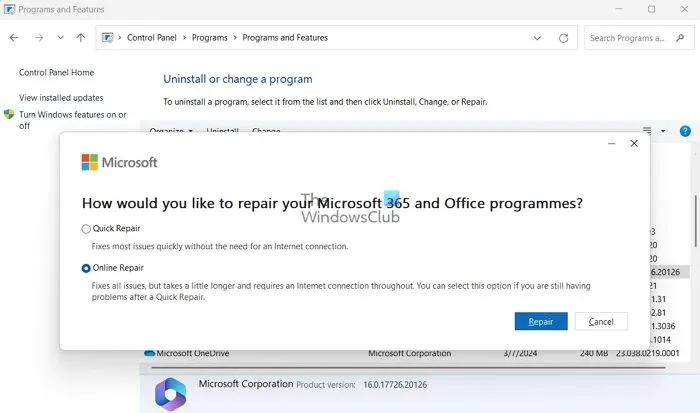 Réparation en ligne de Microsoft Office