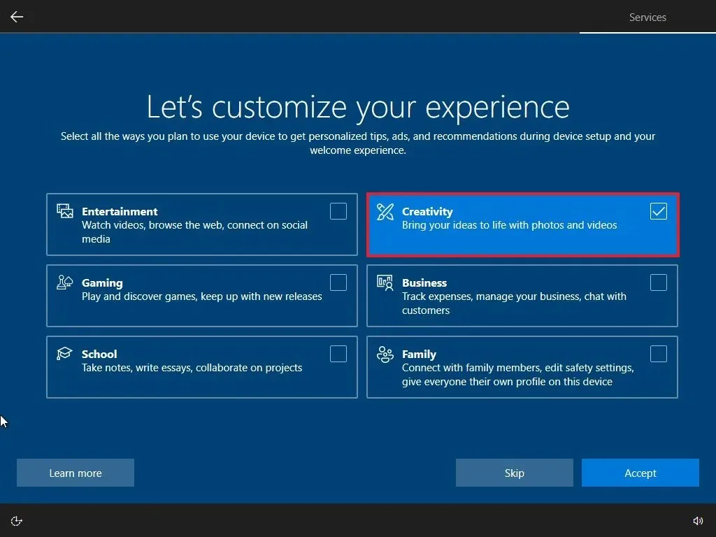 Impostazioni di personalizzazione dell'utilizzo del dispositivo tramite OOBE di Windows 10