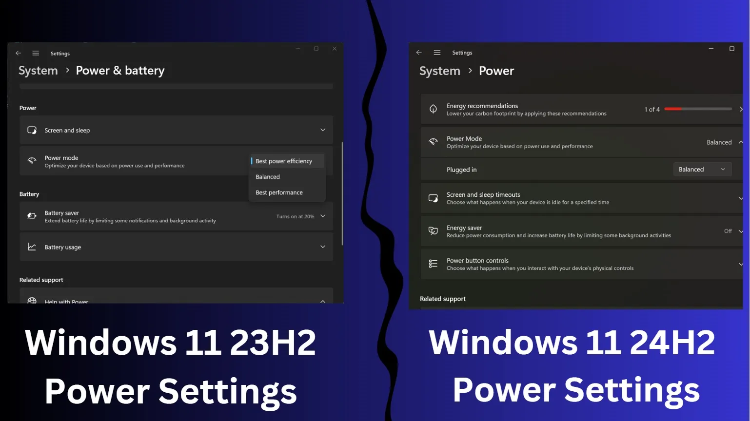 Vergelijking van de instellingenpagina voor de energiemodus tussen Windows 11 23h2 en 24h2