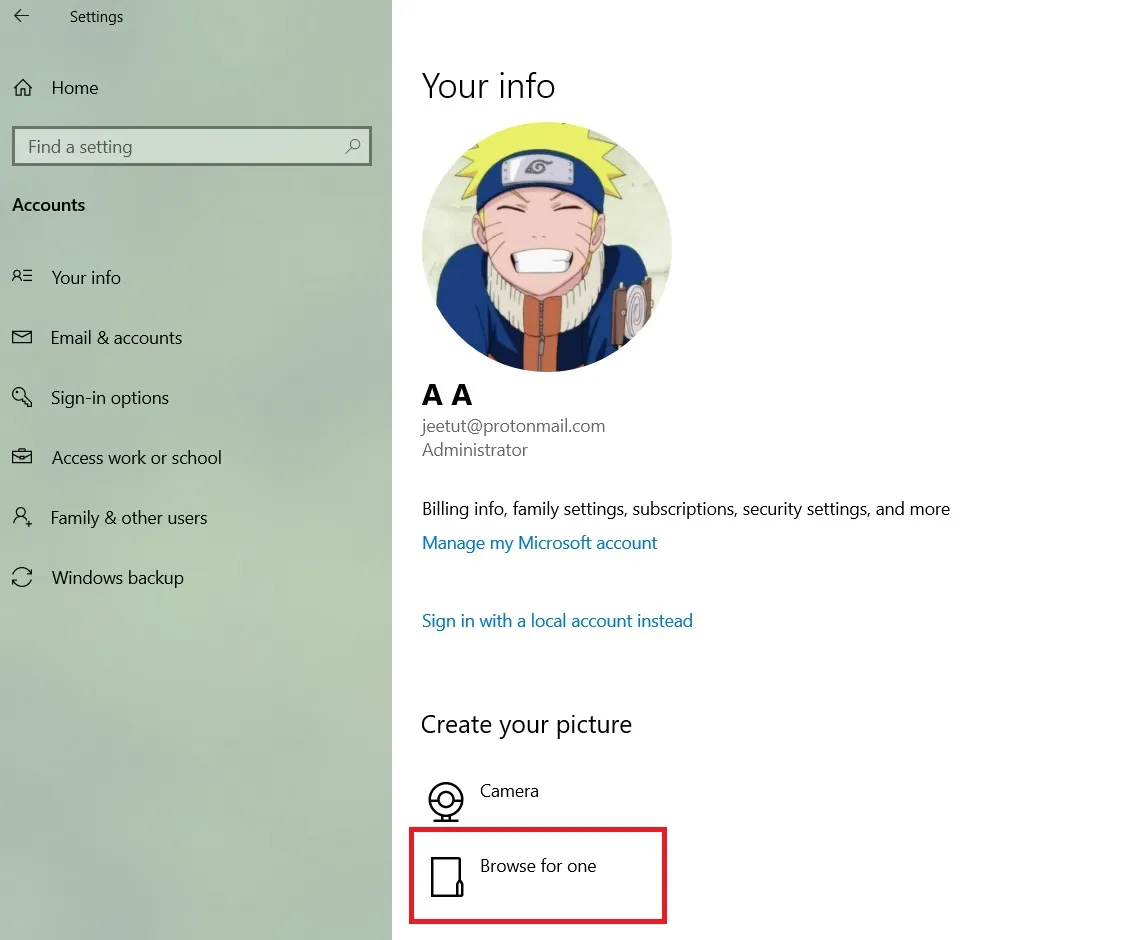 Seite zum Ändern des Profilbilds in der App „Einstellungen“ von Windows 10 22h2