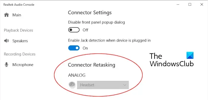 Realtek Audio Console Connector opnieuw belasten grijs weergegeven